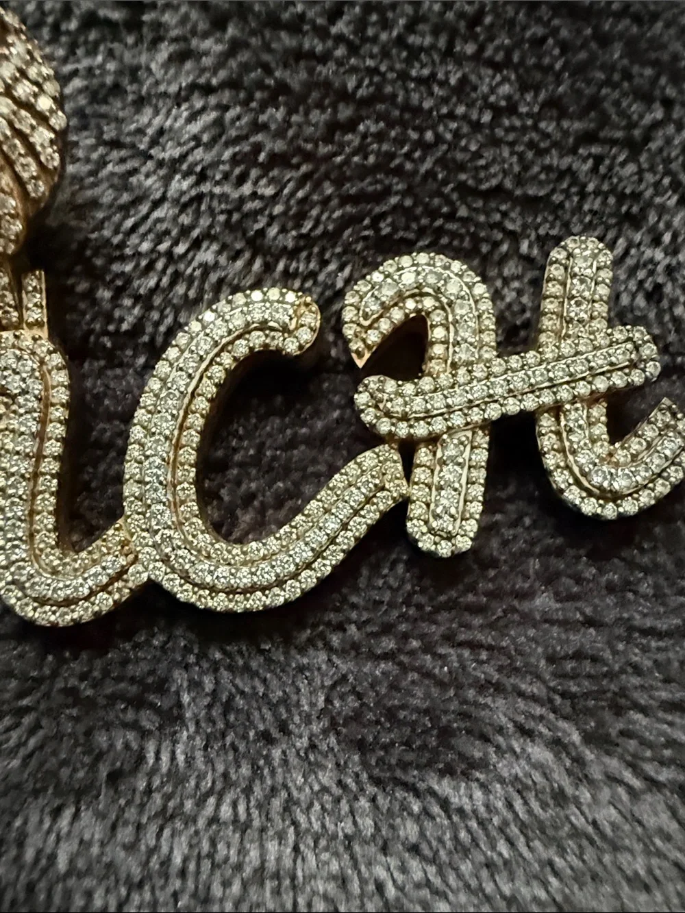 Gold Rhinestone 'PUNCH' Script Pendant with Lion Bail